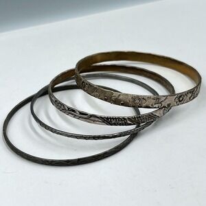 4 Vintage Silver Tone Bangle Bracelets Set Floral Etched Stacking Boho Jewelry